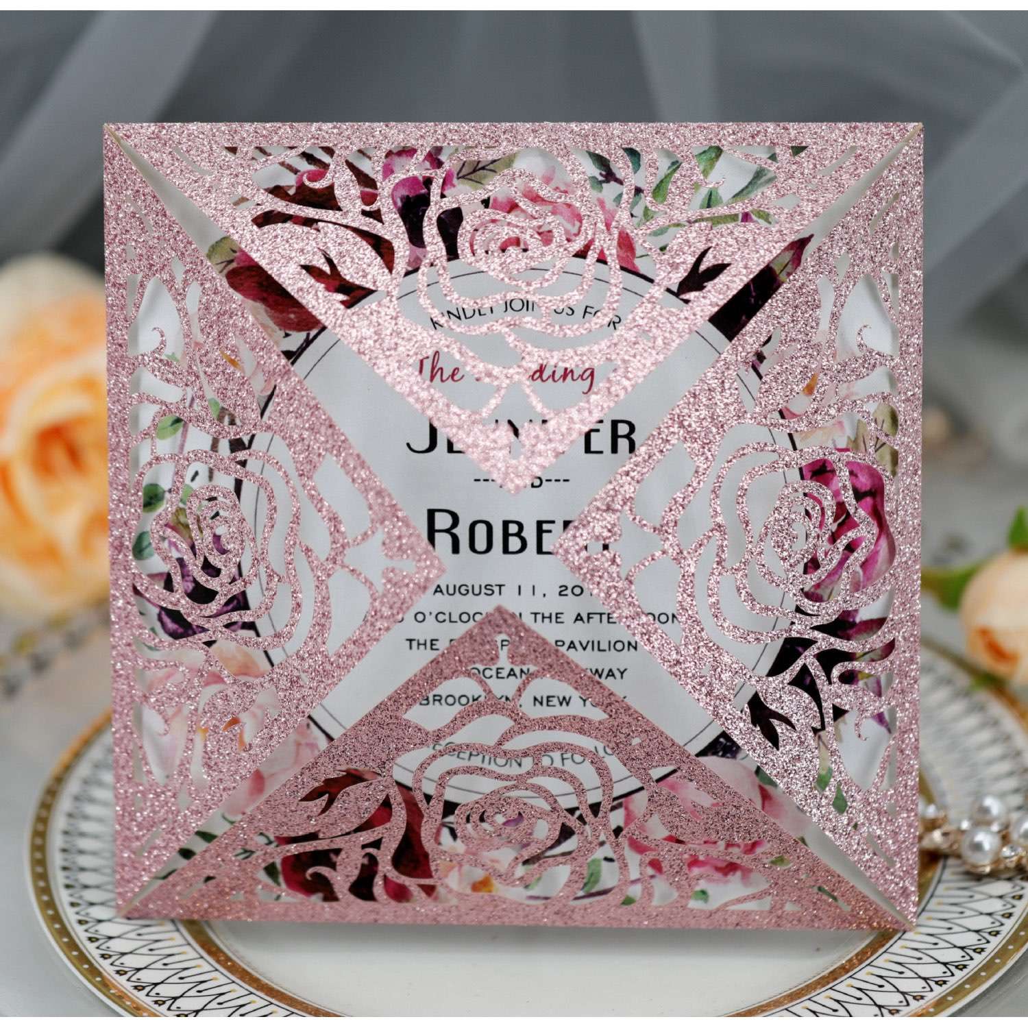 Valentine's Day Greeting Card Rose Card Laser Cut Glitter Paper Wedding Card Personalized Custom